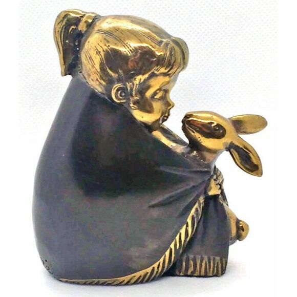 Lovely Vintage Original Suzanne Sablé Girl And Her Rabbit Bronze Sculpture - Picture 2 of 4